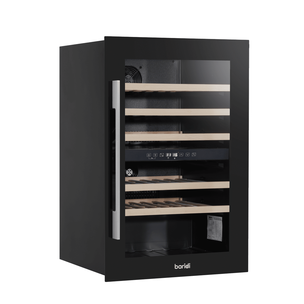 Black dual zone wine cooler with beech wood shelves, fits 57 bottles, built-in kitchen cabinet.