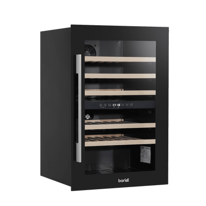 Black dual zone wine cooler with beech wood shelves, fits 57 bottles, built-in kitchen cabinet.