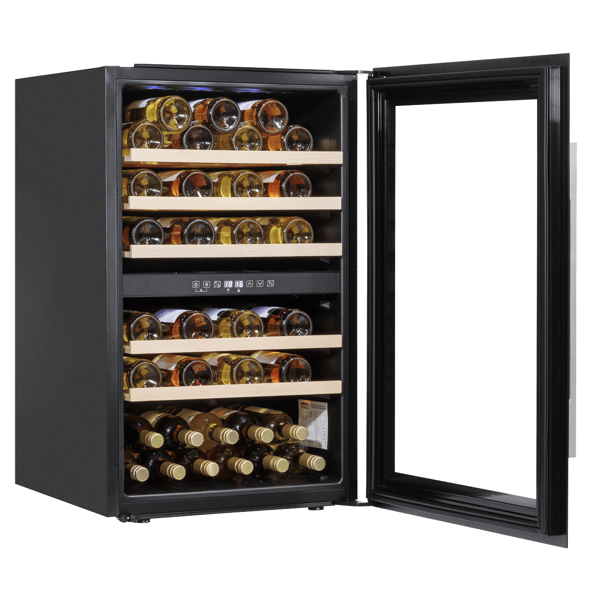 Black Baridi 60cm wine cooler with dual zones, beech wood shelves, and stainless steel handle.