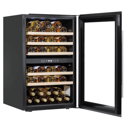 Black Baridi 60cm wine cooler with dual zones, beech wood shelves, and stainless steel handle.