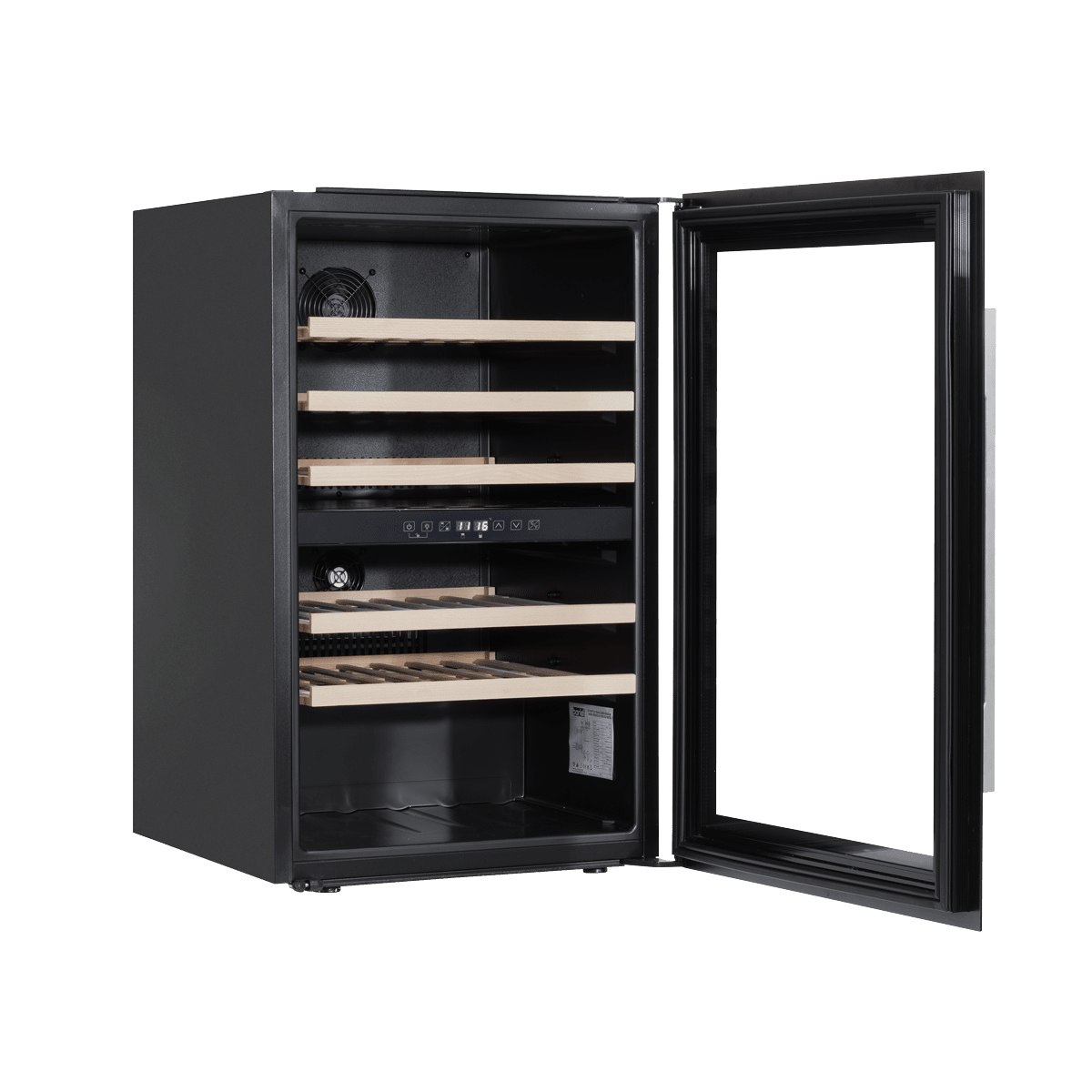 Black 60cm dual zone wine cooler with beech wood shelves, fits 57 bottles; seamless kitchen fit.