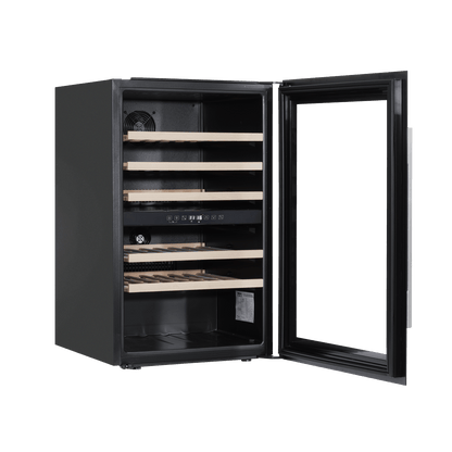 Black 60cm dual zone wine cooler with beech wood shelves, fits 57 bottles; seamless kitchen fit.