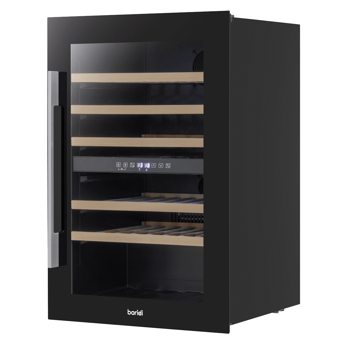 Black Baridi 60cm wine cooler with dual zones, beech wood shelves, and stainless steel handle.