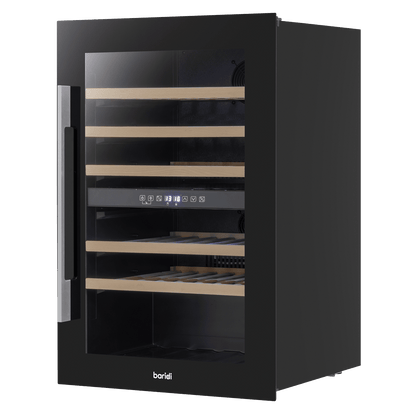 Black Baridi 60cm wine cooler with dual zones, beech wood shelves, and stainless steel handle.