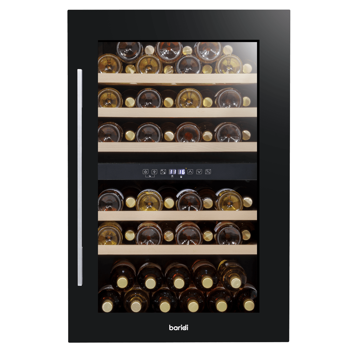 Black dual zone wine cooler with beech wood shelves, fits 57 bottles, built-in kitchen design.