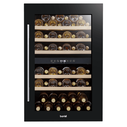 Black dual zone wine cooler with beech wood shelves, fits 57 bottles, built-in kitchen design.