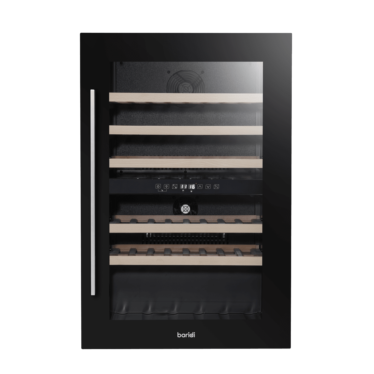 Black 60cm dual zone wine cooler with beech shelves, fits 57 bottles, sleek kitchen integration.