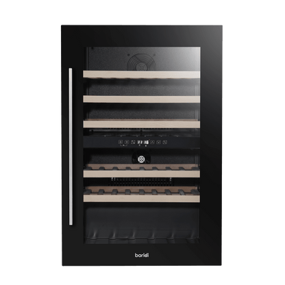 Black 60cm dual zone wine cooler with beech shelves, fits 57 bottles, sleek kitchen integration.