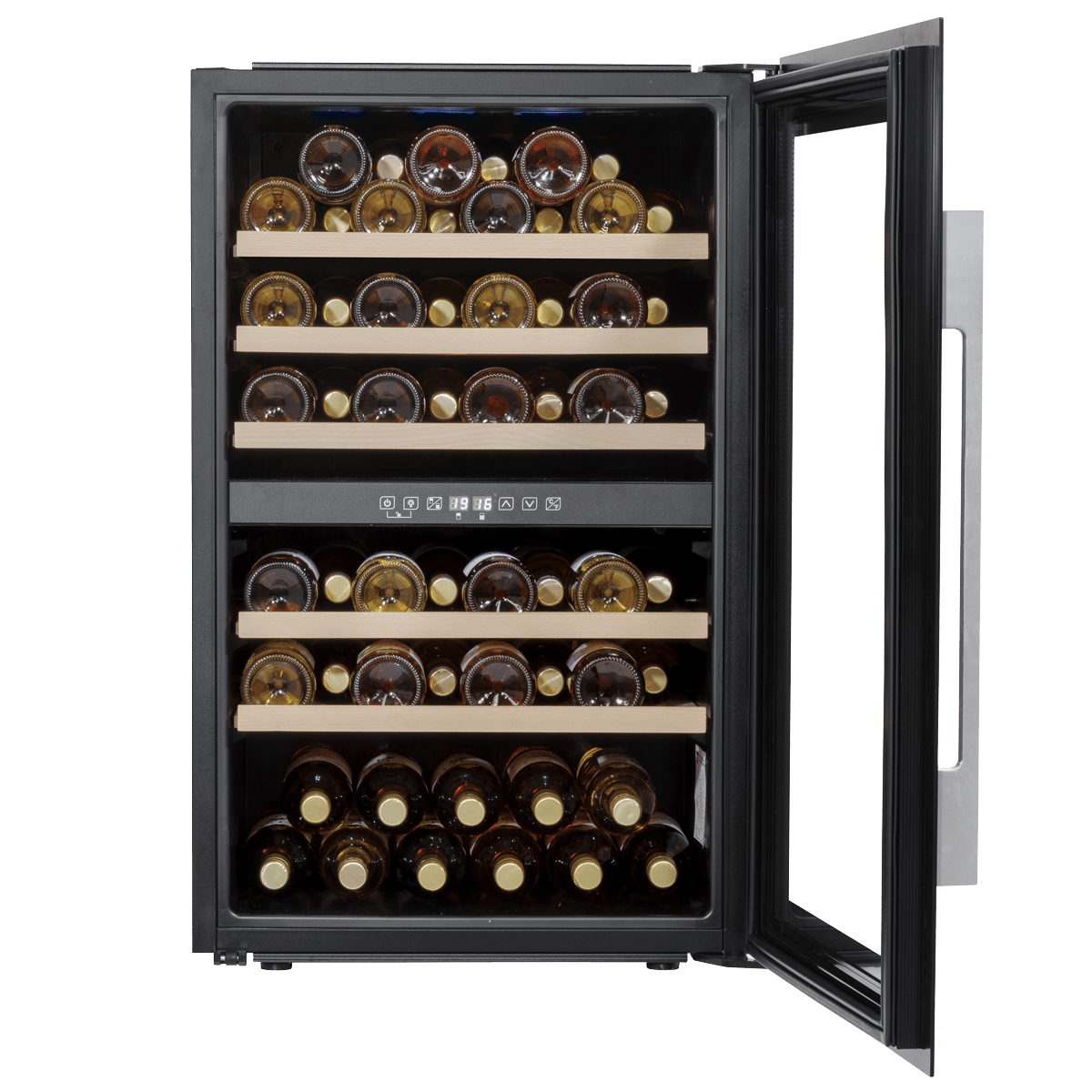 Black 60cm wine cooler with dual zones, beech wood shelves, and stainless steel handle.