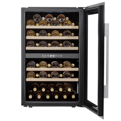 Black 60cm wine cooler with dual zones, beech wood shelves, and stainless steel handle.