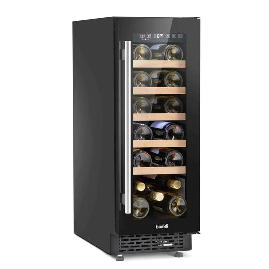 Sleek Baridi 20 Bottle Wine Cooler with digital controls, beech shelves, and LED lighting.