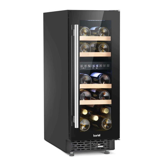 Black Baridi 17-bottle wine cooler with dual zones, touch controls, and beech shelves.