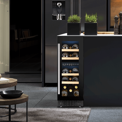 Slim black wine cooler with touch controls, dual zones, beech shelves, fits 17 bottles.
