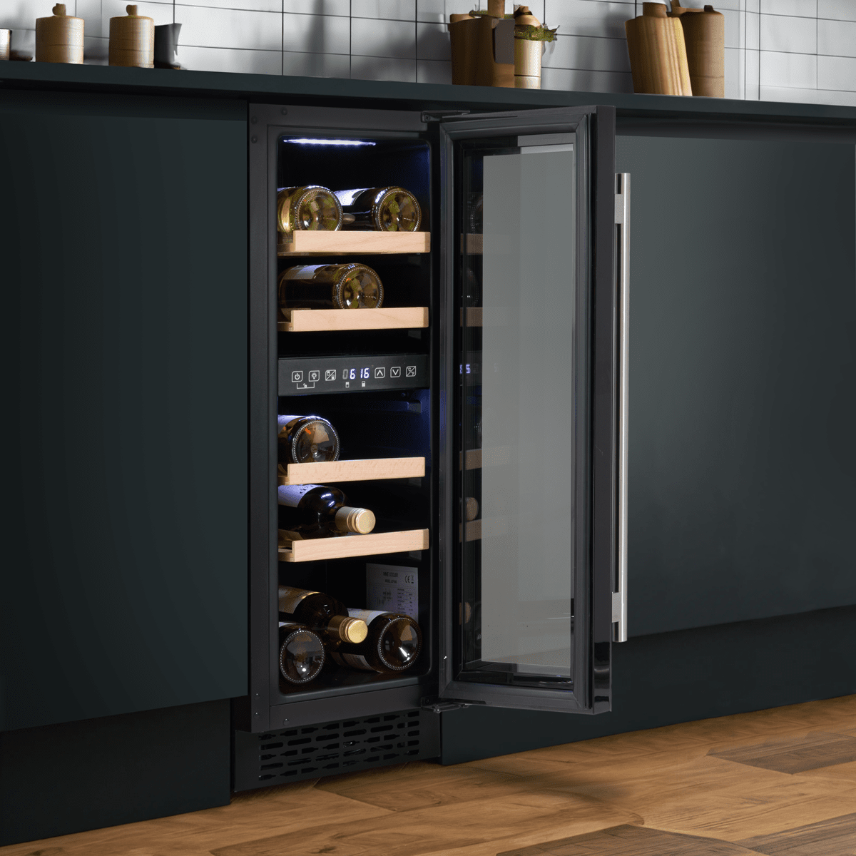 Black Baridi wine cooler with touch screen, dual zones, and beech shelves, fits 17 bottles.