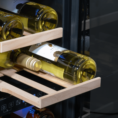 Slim black wine cooler with touch controls, dual zones, and beech shelves for 17 bottles.