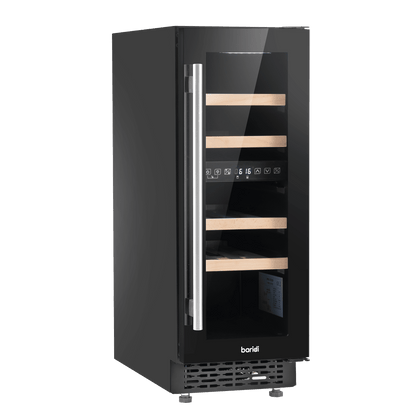 Black Baridi 17-bottle wine cooler with touch screen, dual zones, and LED lighting.