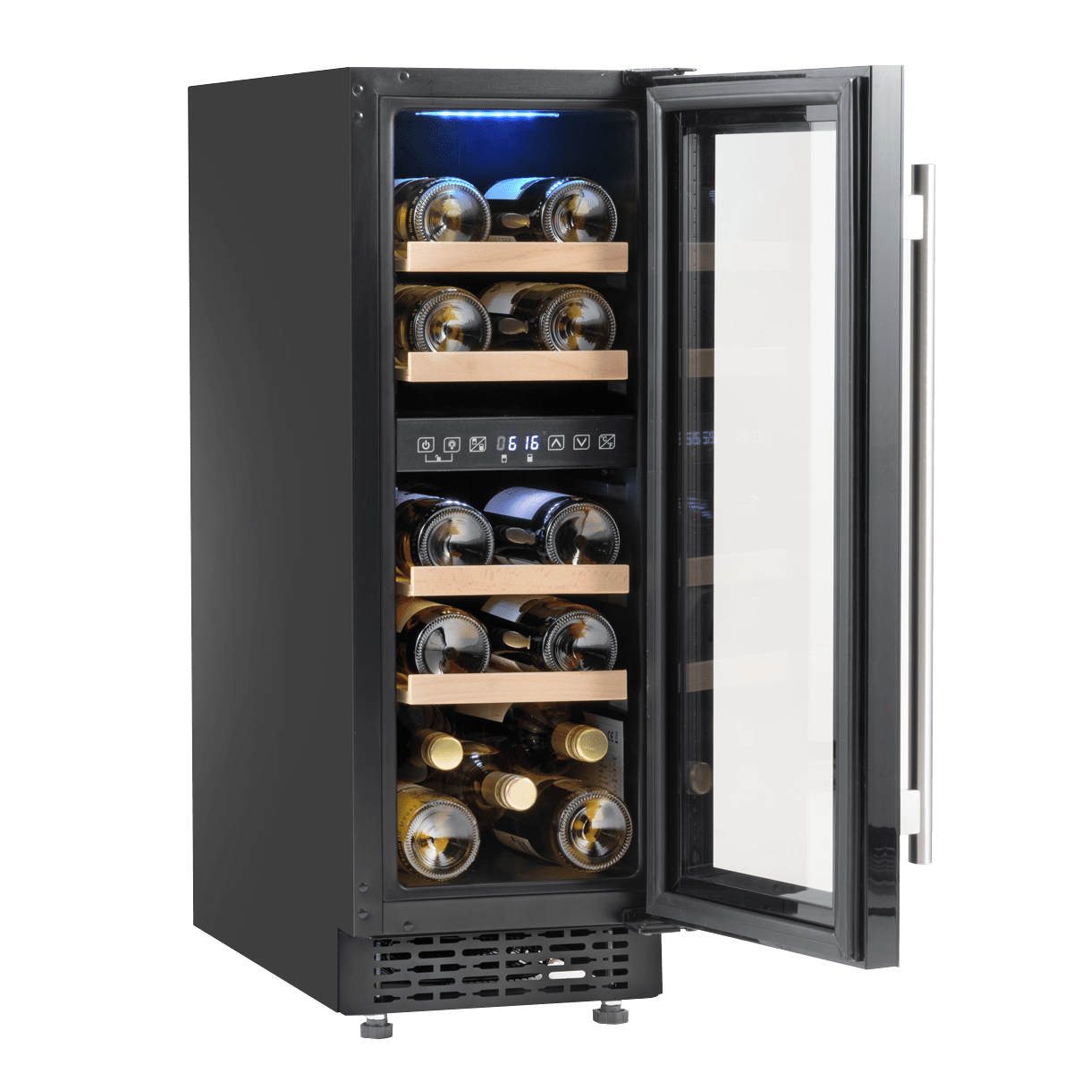 Black Baridi wine cooler with touch controls, dual zones, fits 17 bottles; sleek, under-counter design.
