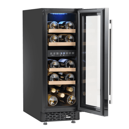 Black Baridi wine cooler with touch controls, dual zones, fits 17 bottles; sleek, under-counter design.