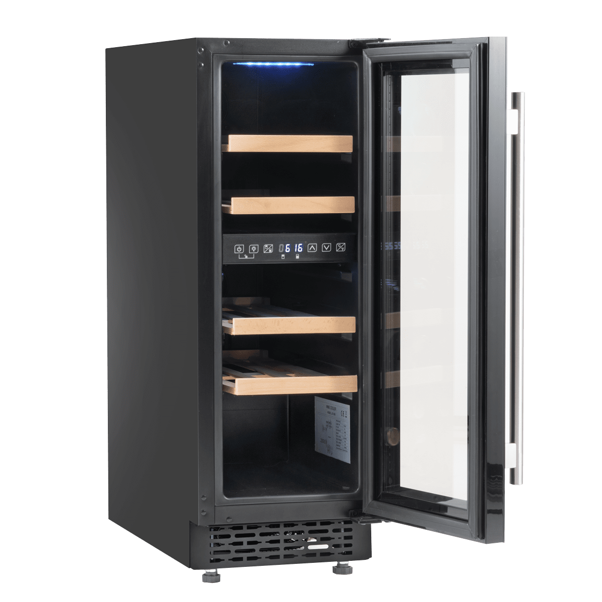 Sleek black dual-zone wine cooler, 30cm wide, with touch controls and beech shelves for 17 bottles.