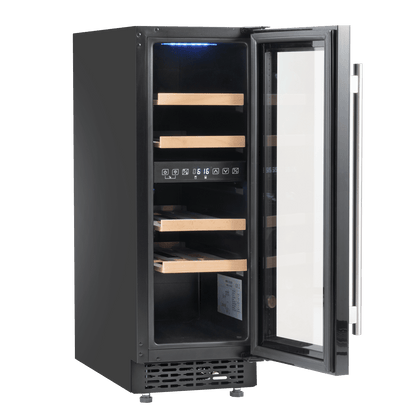 Sleek black dual-zone wine cooler, 30cm wide, with touch controls and beech shelves for 17 bottles.