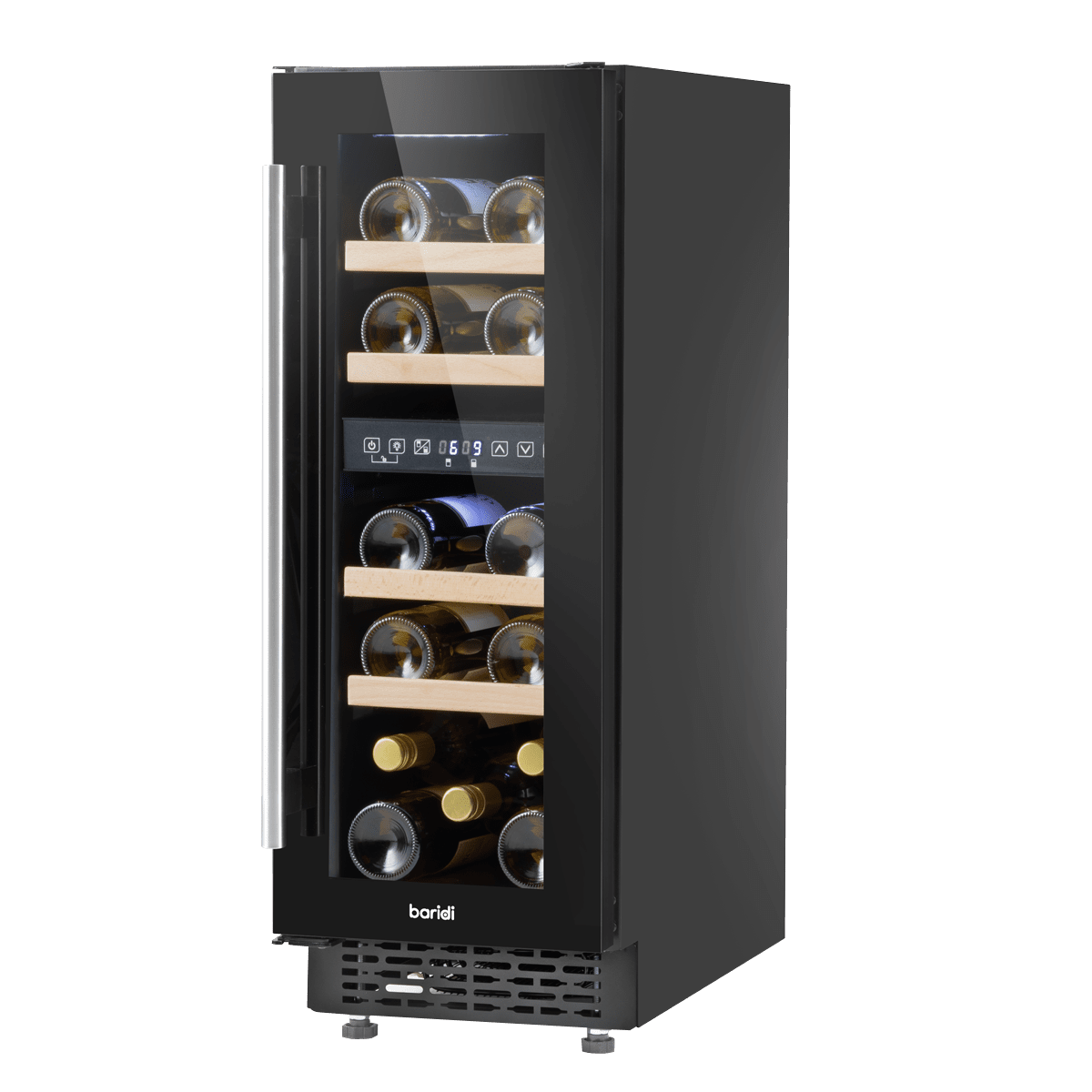 Slim black 30cm wine cooler with touch controls, dual zones, and beech shelves for 17 bottles.