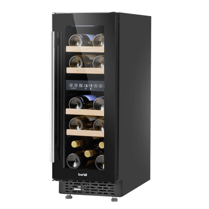 Slim black 30cm wine cooler with touch controls, dual zones, and beech shelves for 17 bottles.