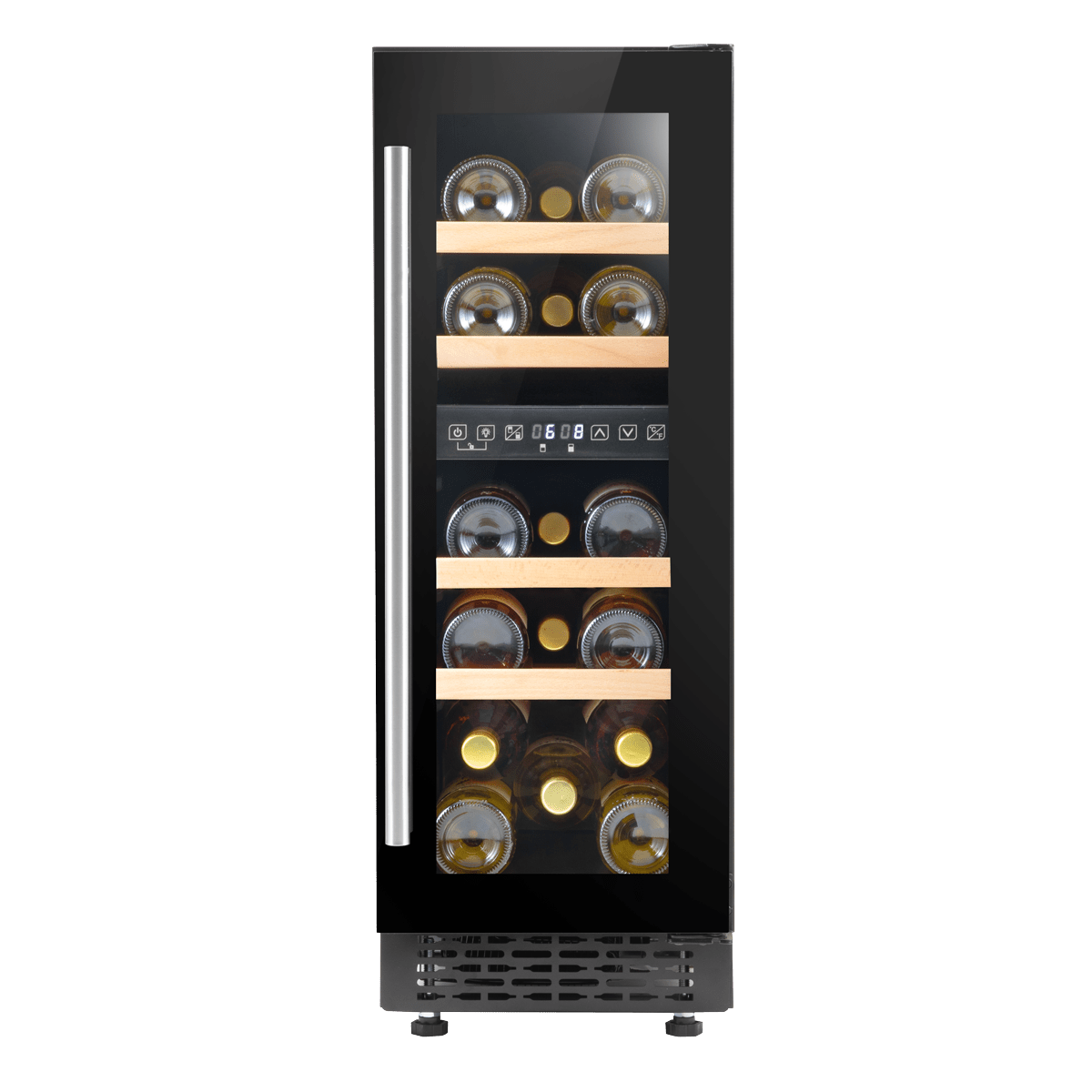 Slim black wine cooler with touch controls, dual zones, and beech shelves for 17 bottles.