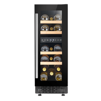 Slim black wine cooler with touch controls, dual zones, and beech shelves for 17 bottles.