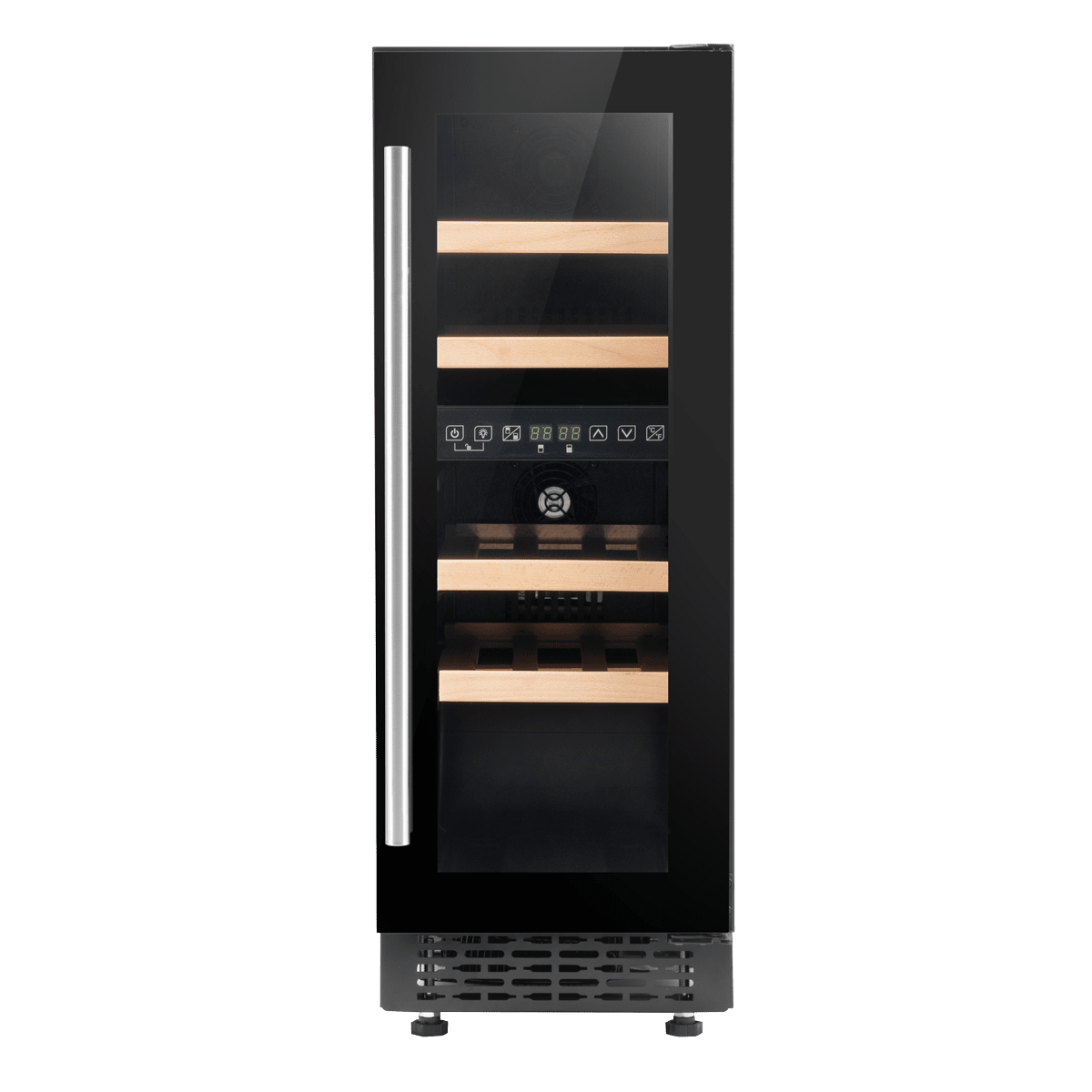 Slim black wine cooler with touch controls, dual zones, and beech shelves, holds 17 bottles.