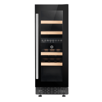 Slim black wine cooler with touch controls, dual zones, and beech shelves, holds 17 bottles.