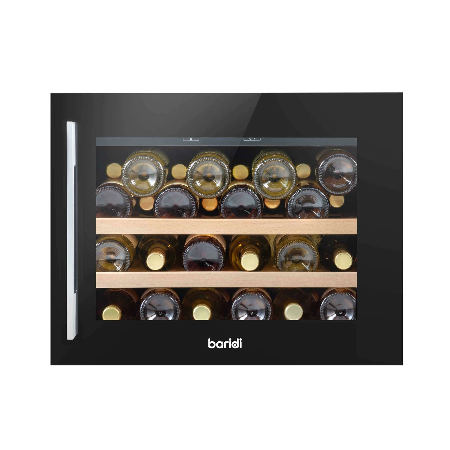 A sleek black 60cm wine cooler with beech wood shelves and a stainless steel handle, holding 28 bottles.