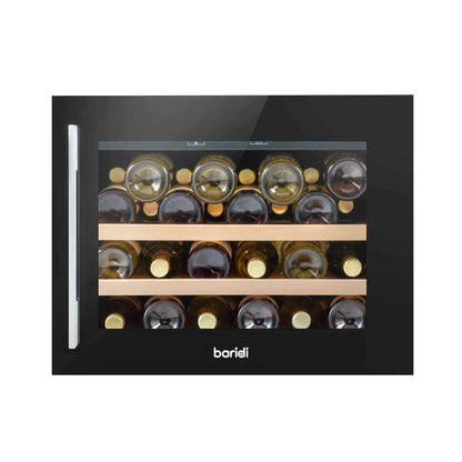 A sleek black 60cm wine cooler with beech wood shelves and a stainless steel handle, holding 28 bottles.