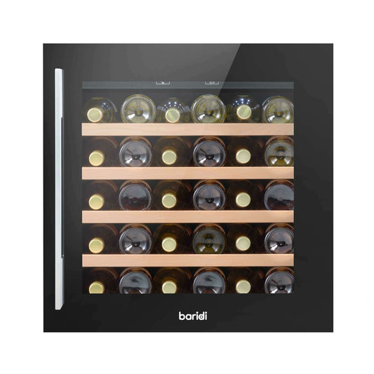 Sleek black wine cooler with beech wood shelves, fits 36 bottles, LED light, and touch controls.