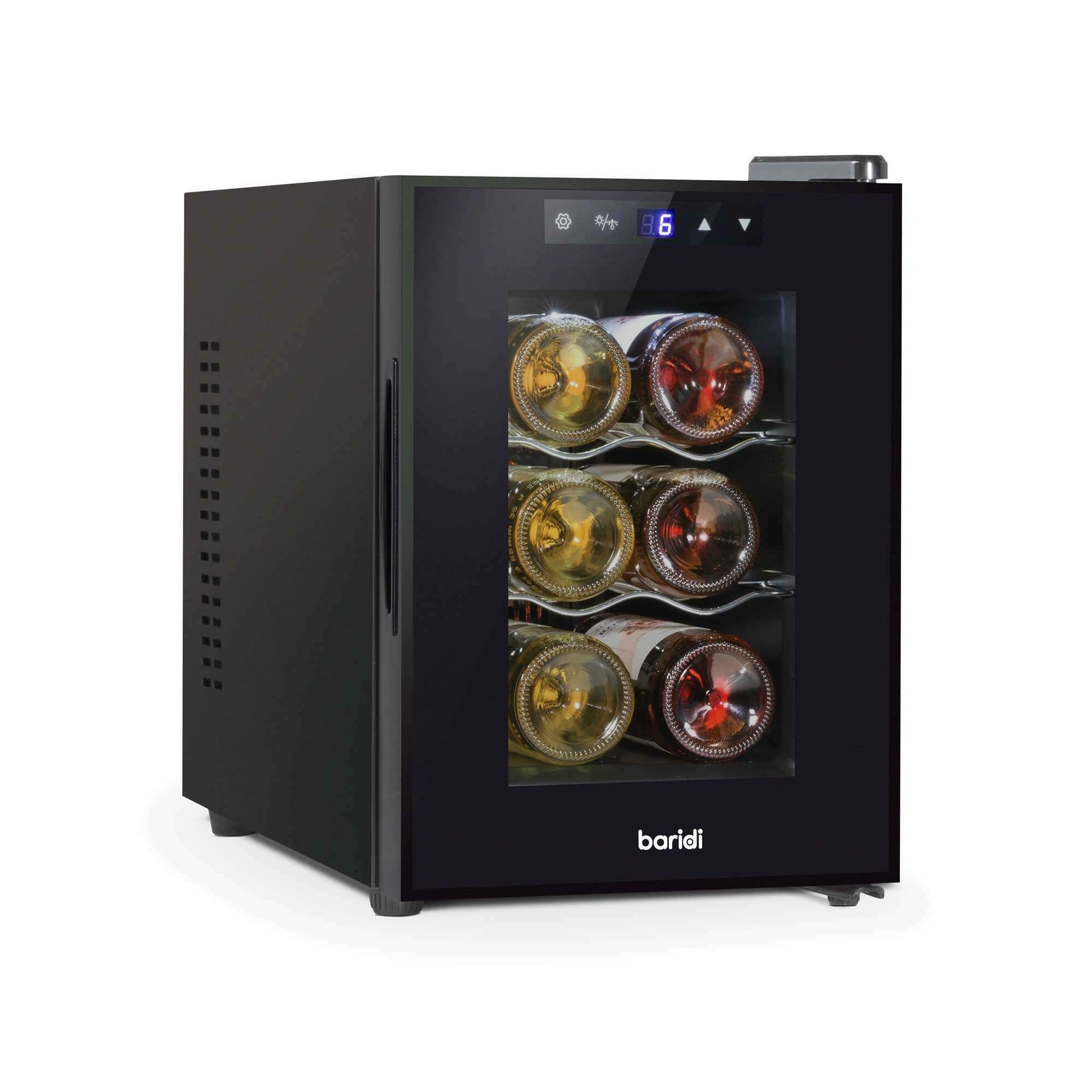 Sleek Baridi 6 Bottle Wine Cooler with touch controls, glass door, and compact design.