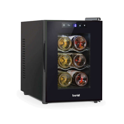 Sleek Baridi 6 Bottle Wine Cooler with touch controls, glass door, and compact design.
