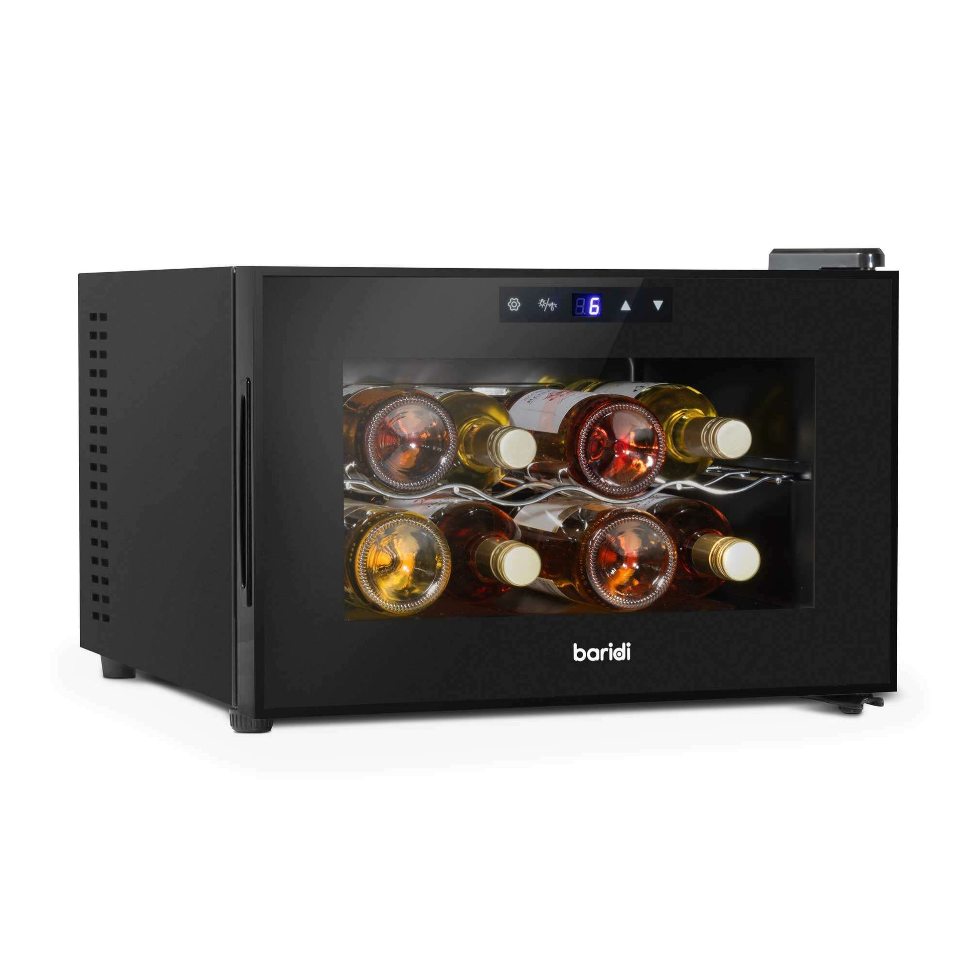 Baridi 8 Bottle Wine Cooler, sleek design, touch control, LED display, UV-protected glass door.
