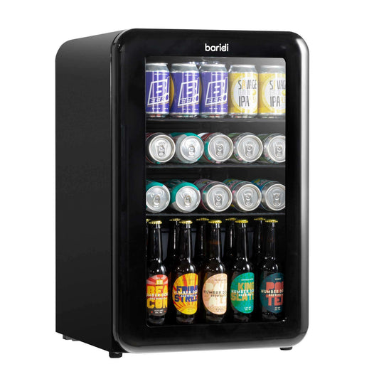 Vintage-style Baridi 70L drinks fridge with retro design and energy-efficient cooling.