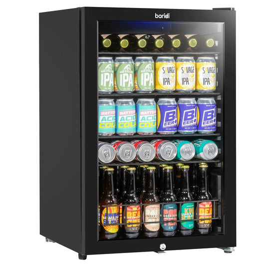 Sleek black Baridi 115L drinks fridge with LED lighting and spacious interior shelving.