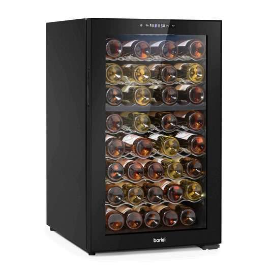 Baridi dual zone wine cooler with mirror glass door, touch controls, and 52-bottle capacity.