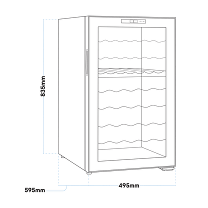 Baridi wine cooler with dual zones, mirror glass door, fits 52 bottles, sleek modern design.