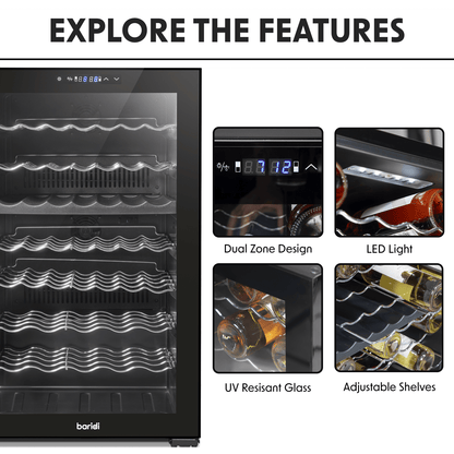Dual zone wine cooler with mirror glass door, holds 52 bottles, sleek design, touch controls.