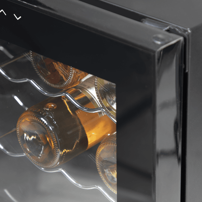 Sleek Baridi wine cooler with mirror glass door, dual zones, and 52-bottle capacity.