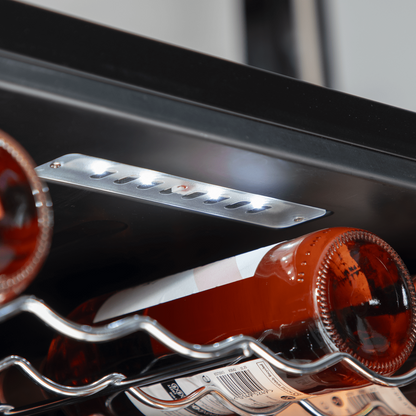 Sleek Baridi wine cooler with dual zones, mirror glass door, and 52-bottle capacity.