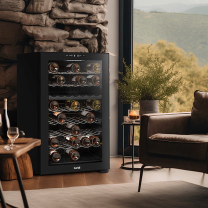 Sleek Baridi wine cooler with dual zones, mirror glass door, and 52-bottle capacity.