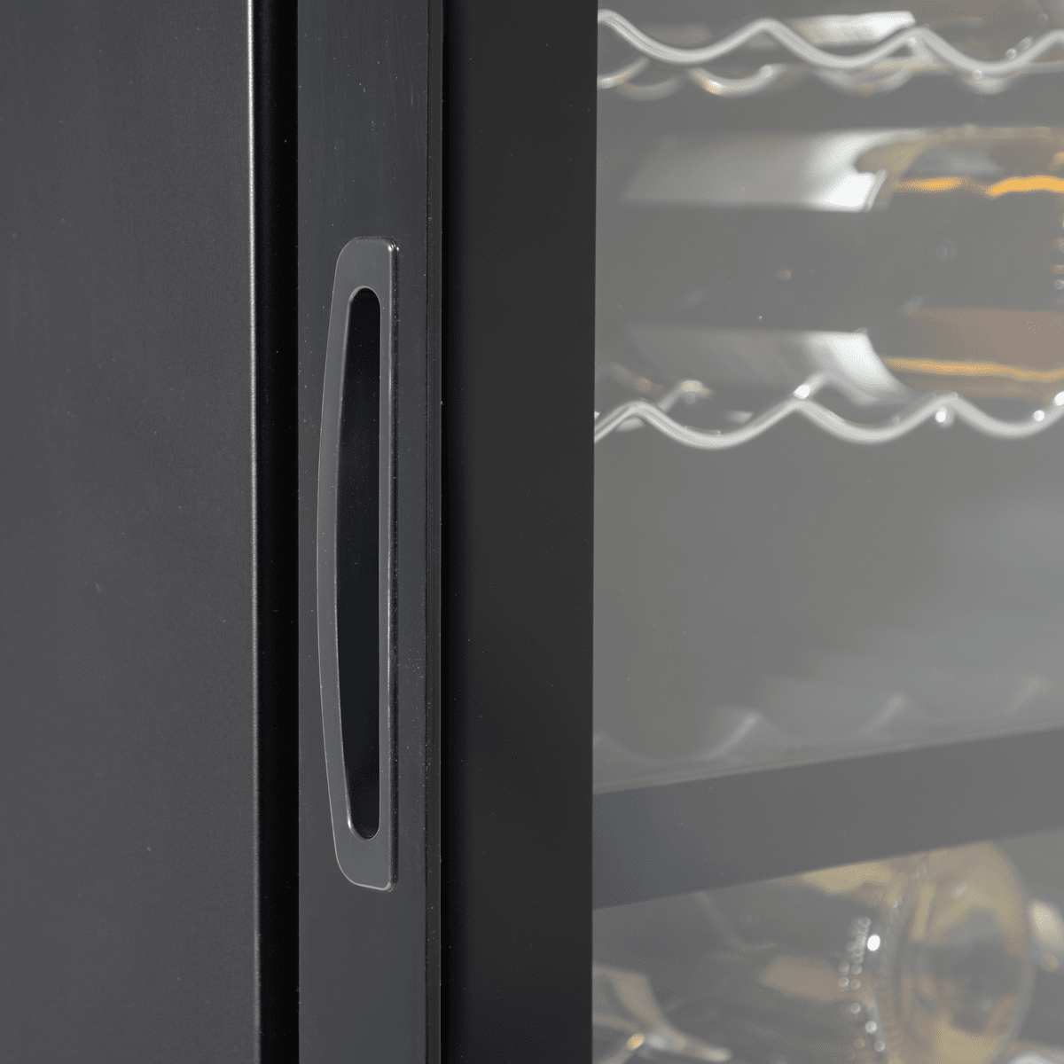 Dual zone wine cooler with mirror glass door, 52-bottle capacity, sleek modern design.