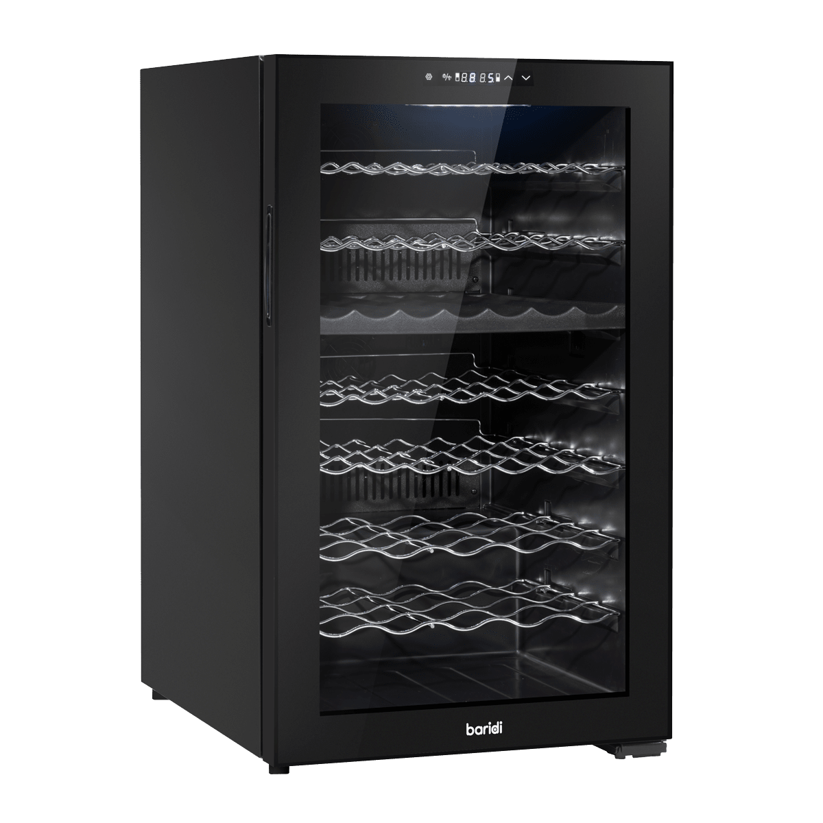 Baridi 52-bottle dual zone wine cooler with mirror glass door and touch control panel.
