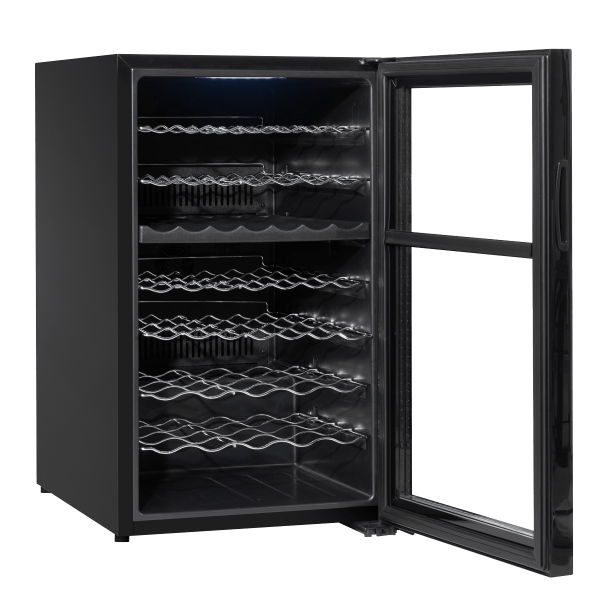 Dual-zone wine cooler with mirror glass door, holds 52 bottles, sleek design, touch controls.