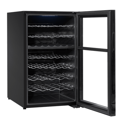 Dual-zone wine cooler with mirror glass door, holds 52 bottles, sleek design, touch controls.