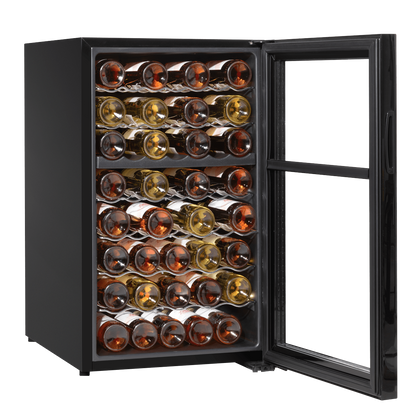 Baridi dual zone wine cooler with mirror glass door, 52-bottle capacity, sleek modern design.