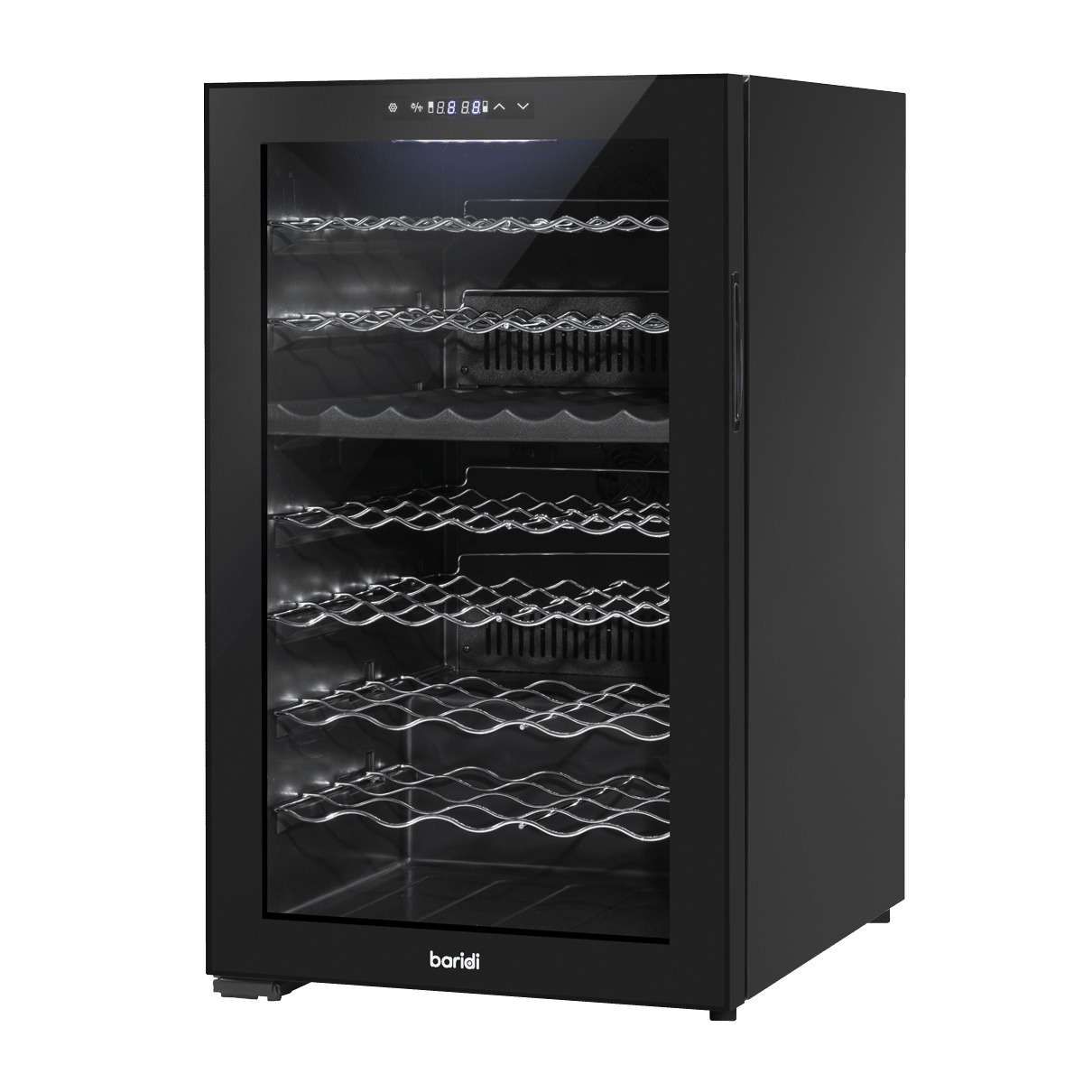 Baridi wine cooler with dual zones, mirror glass door, holds 52 bottles, sleek modern design.